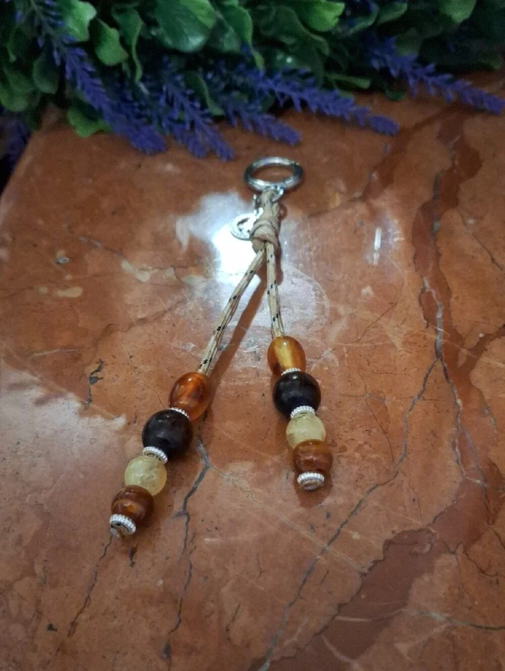 Beaded Tassel Keychain Bag Charm - Amber, Brown & Cream